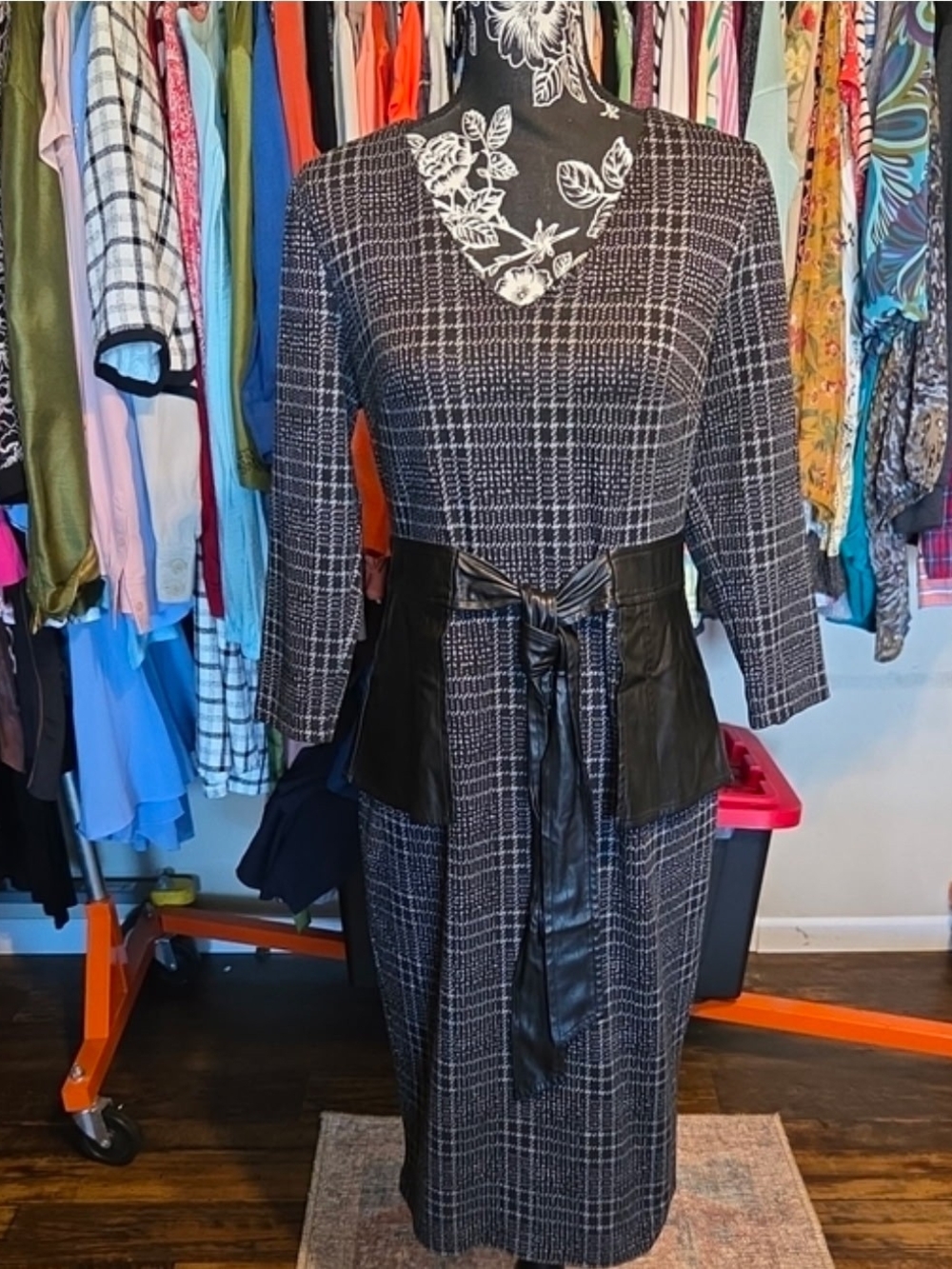 Plaid V-Neck Midi Dress with Faux-Leather Belt